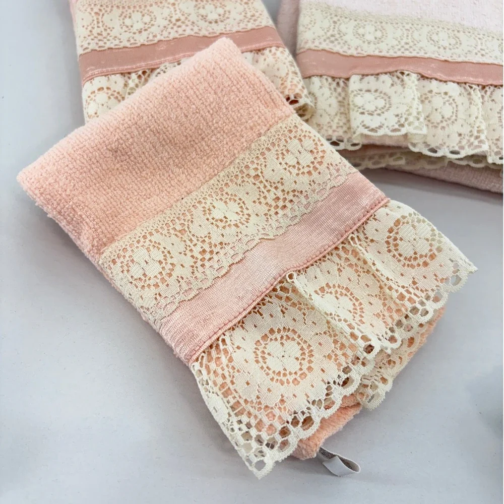 Vintage Martex Cannon Lace Trim Towel Set 5pc Pink Brown Cotton Cottage Coquette